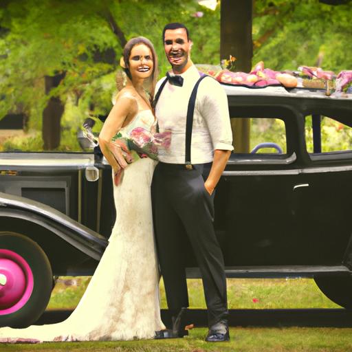 Cặp đôi chụp hình trước chiếc xe cổ được trang trí hoa tại đám cưới thập niên 80.