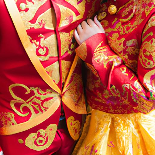Chú rể và cô dâu mặc trang phục cưới Trung Quốc đỏ vàng cùng họa tiết thêu tinh xảo
