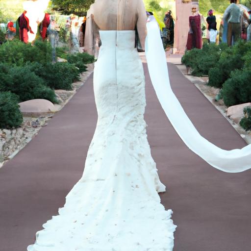 Cô dâu bước đi trên lối đi cưới trong chiếc váy cưới lãng mạn, bay bổng và quyến rũ.