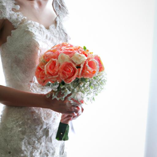 Cô dâu cầm bó hoa hồng tại lễ cưới của mình.