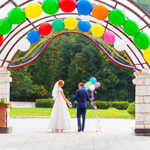 Cô dâu chú rể nắm tay nhau bước đi dưới cổng cưới đẹp được làm bằng bóng màu sắc tuyệt đẹp