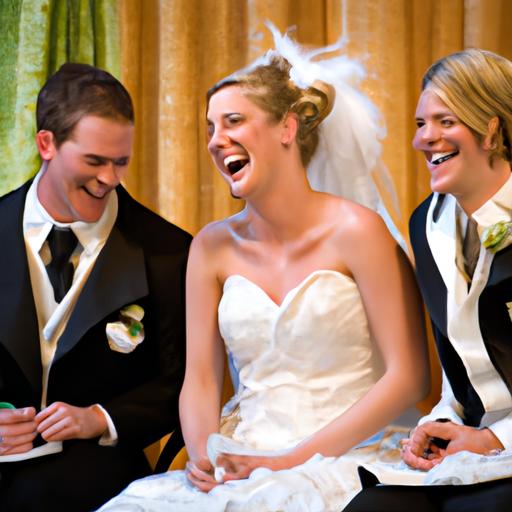 Cô dâu và chú rể cười tươi khi nghe bạn bè phát biểu hài hước trong đám cưới