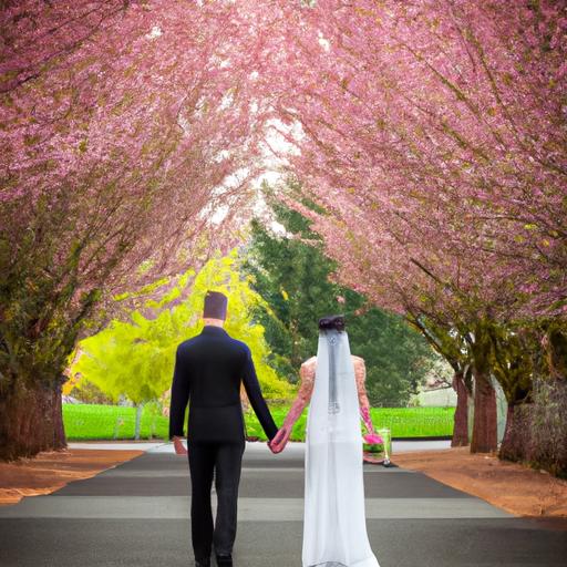 Cô dâu chú rể nắm tay nhau đi dọc con đường dựng hàng cây anh đào đang nở rộ