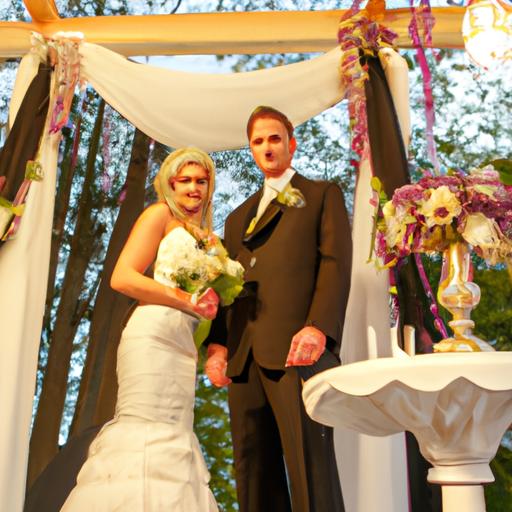 Cô dâu chú rể đứng trước bàn thờ cưới tuyệt đẹp được trang trí bằng hoa
