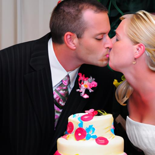 Cô dâu chú rể hạnh phúc chụp ảnh hôn trước bánh cưới của mình.