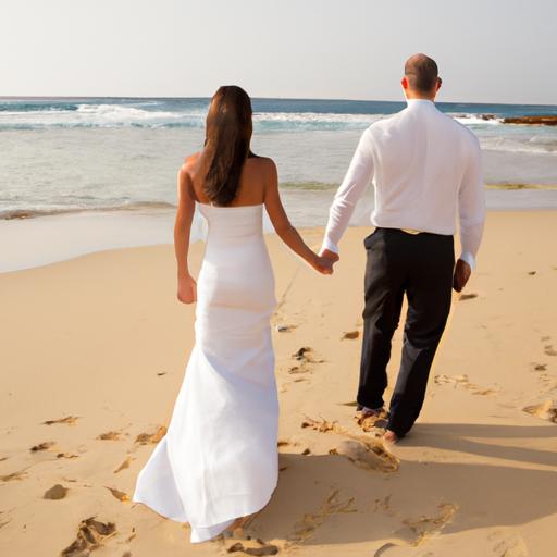 Cô dâu chú rể nắm tay nhau đi dạo trên bãi biển cát trắng