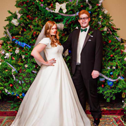 Cô dâu chú rể tràn đầy hạnh phúc và tình yêu bên cây thông Noel tuyệt đẹp.