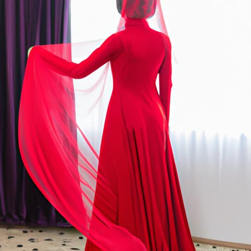 Cô dâu mặc chiếc áo dài cưới đỏ gấm dài với đuôi và vương miện