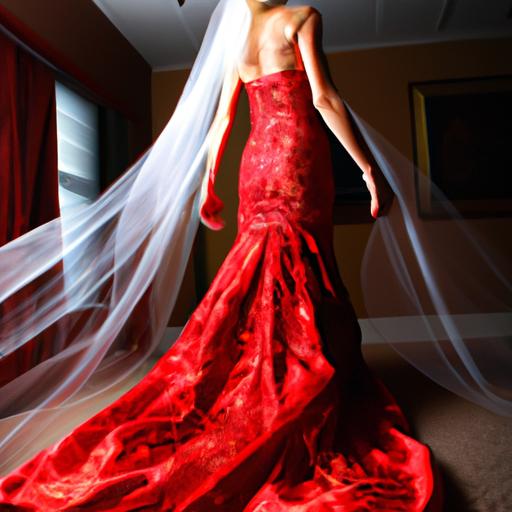 Cô dâu diện chiếc áo dài cưới màu đỏ lộng lẫy với đuôi dài và vải voan.
