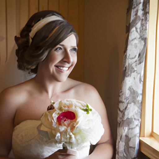 Nụ cười hạnh phúc của cô dâu phản ánh rõ trên gương mặt khi cô nhìn ra cửa sổ, giữ một bó hoa tuyệt đẹp.