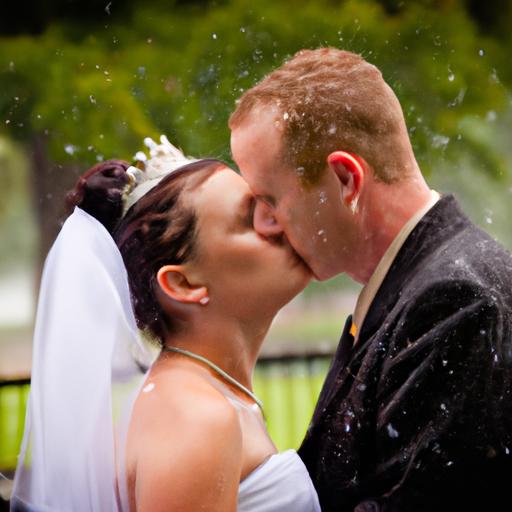 Cô dâu và chú rể chia sẻ nụ hôn dưới cơn mưa trong ngày cưới của họ