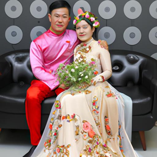Cô dâu và chú rể chụp ảnh kỷ niệm, cô dâu diện chế linh áo cưới màu hoa cà