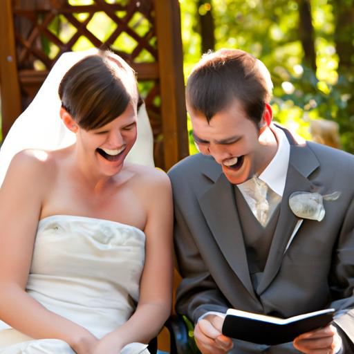 Cô dâu và chú rể cười nghiêng ngả khi đọc thơ chúc đám cưới hài hước.
