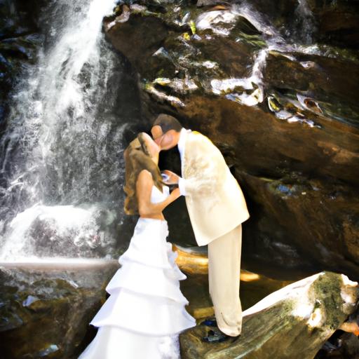 Cô dâu và chú rể chia sẻ một nụ hôn dưới thác nước.
