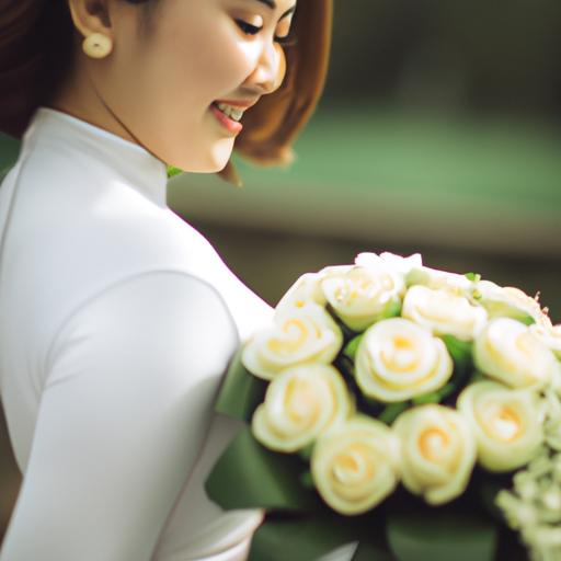 Cô dâu xinh đẹp trong bộ trang phục truyền thống áo dài Việt Nam, cầm bó hoa hồng trắng