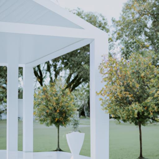 Một cổng đám cưới hiện đại và tối giản với chút cây xanh.