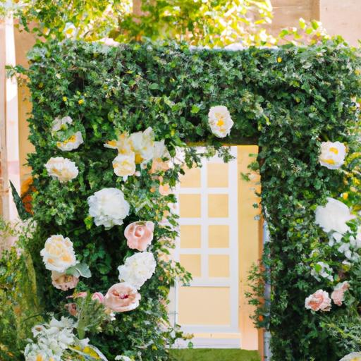 Cổng hoa tươi đẹp với hoa màu pastel và cây xanh hoàn hảo cho đám cưới lãng mạn.