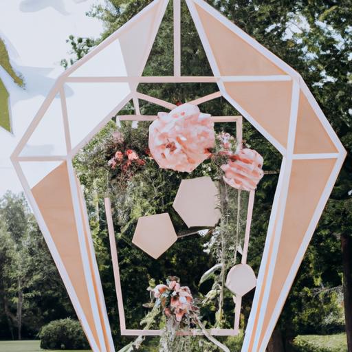 Cổng rạp đám cưới hiện đại với hình học và hoa màu hồng nhạt.