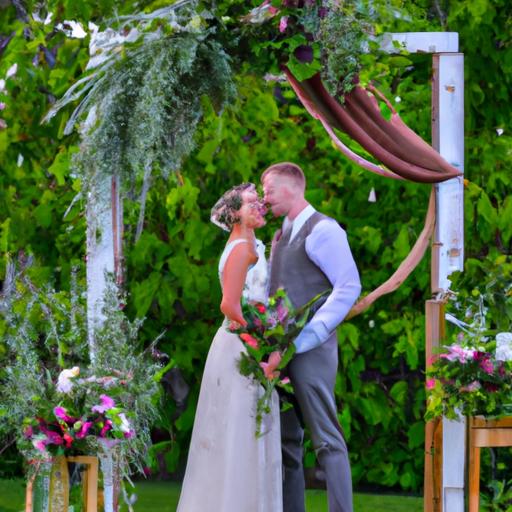 Cô dâu và chú rể đứng trước kiến trúc cưới tự làm được trang trí với hoa và cây xanh.