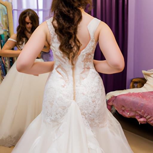 Cô dâu thử chiếc váy cưới hình cá nhân tạo với chi tiết ren.