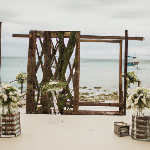 Một bối cảnh đám cưới trên bãi biển với khung gỗ và tầm nhìn ra đại dương phía sau