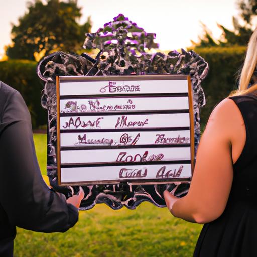Đôi uyên ương cầm trên tay bảng tên đám cưới đẹp với tên của họ được in chữ cực kỳ ấn tượng.