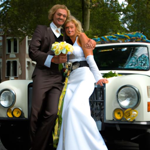 Đôi uyên ương trong trang phục cưới chụp hình trước xe hoa được trang trí
