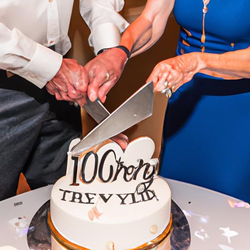 Đôi vợ chồng cắt bánh với đầu bánh '10 năm bên nhau' tại buổi tiệc kỷ niệm 10 năm ngày cưới.