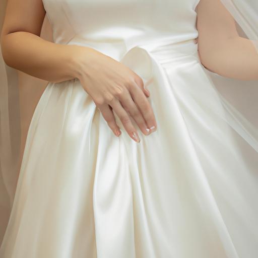Gần cận tay của cô dâu cầm váy cưới lụa đơn giản.