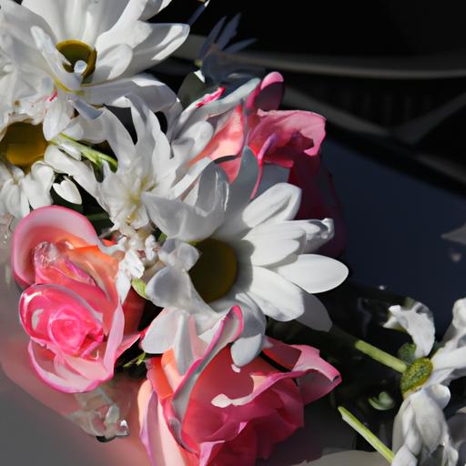 Chụp gần cảnh hoa trang trí trên mui xe cưới. Hoa được phối hợp từ màu trắng và hồng.