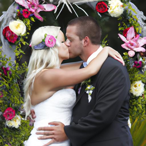 Cô dâu và chú rể xinh đẹp hôn nhau trước cổng hoa tuyệt đẹp