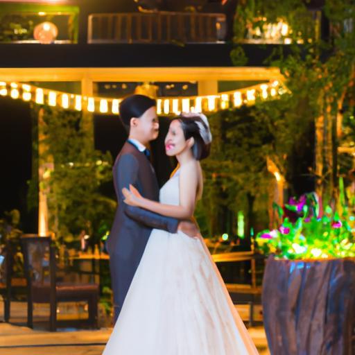 Cặp đôi chụp ảnh trước không gian ngoài trời lãng mạn tại nhà hàng Ngọc Trâm với cây xanh và đèn lấp lánh.