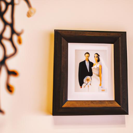 Lựa chọn khung gỗ để treo ảnh cưới ở phòng khách tạo nên không gian ấm cúng và sang trọng