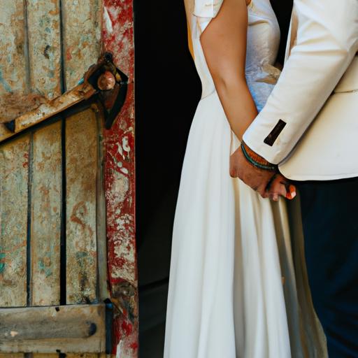 Kiểu chụp hình cưới để cổng với background gỗ tròn đầy lãng mạn