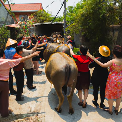 Nhóm bạn bè và gia đình tập trung quanh để chứng kiến nghi lễ mua trâu trong đám cưới truyền thống Việt Nam.