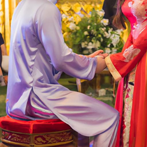 Cô dâu chú rể trao lời thề trong lễ cưới theo phong tục truyền thống Việt Nam.