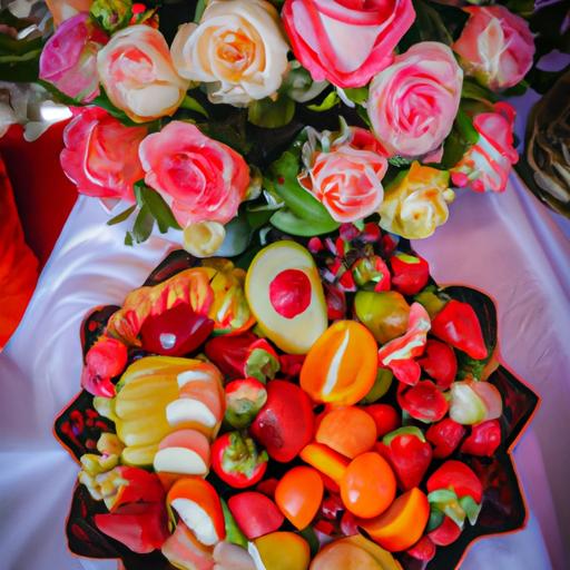 Mâm quả cưới hiện đại với bài trí sáng tạo phối hợp giữa trái cây và hoa