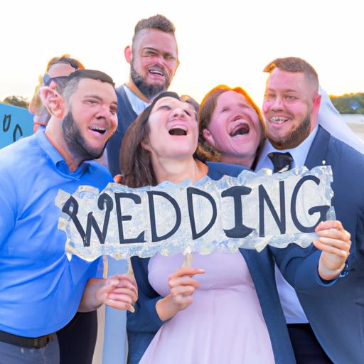 Nhóm bạn thân chụp ảnh selfie cùng bảng chúc mừng đám cưới.