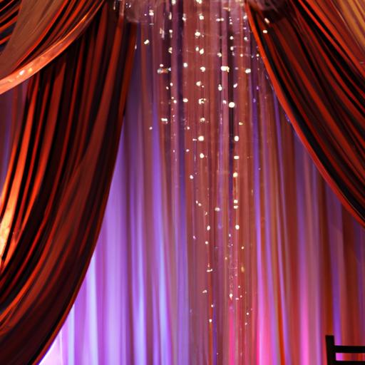 Phông sân khấu đám cưới đơn giản nhưng sang trọng với rèm và dây đèn