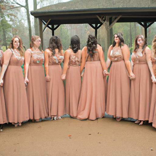 Một nhóm phù dâu đang mặc những chiếc váy dài đồng nhất