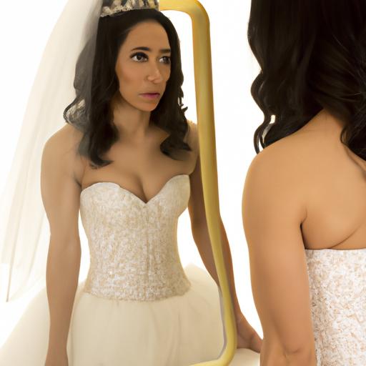 Người phụ nữ đang nhìn vào gương trong khi mặc váy cưới