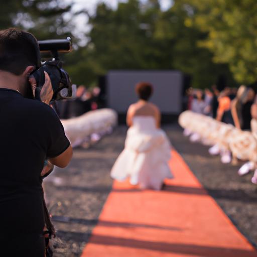Một nhà quay phim chuyên nghiệp ghi lại khoảnh khắc cô dâu bước xuống lối đi.