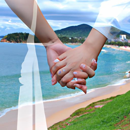 Cặp đôi nắm tay nhìn ra khung cảnh biển đẹp, với stt thả thính đám cưới được chồng lên hình ảnh.
