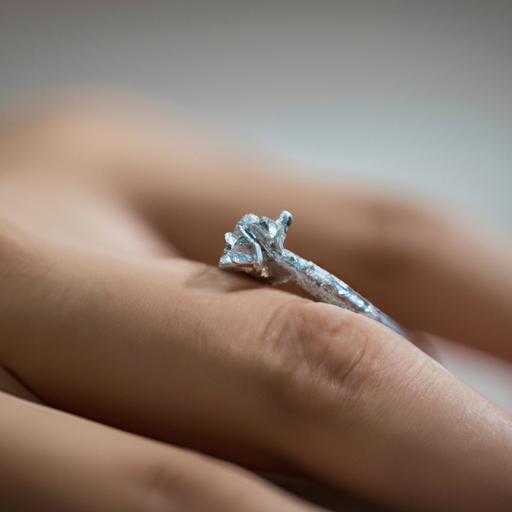 Một tấm gần của chiếc nhẫn đính hôn kim cương trên tay