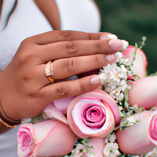 Gần cận tay cô dâu cầm bó hoa hồng trắng và hồng. Nhẫn đính hôn của cô dâu nổi bật trên ngón tay.
