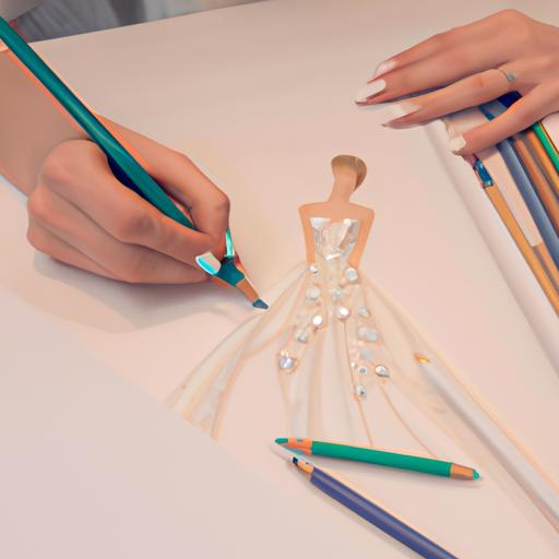 Nhà thiết kế thời trang đang vẽ sketch cho chiếc váy cưới bằng bút chì