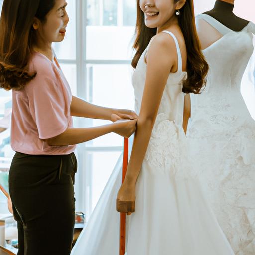 Thợ may đang đo lường để may chiếc váy cưới hoàn hảo cho cô dâu tại tiệm may áo cưới ấm cúng ở Sài Gòn.