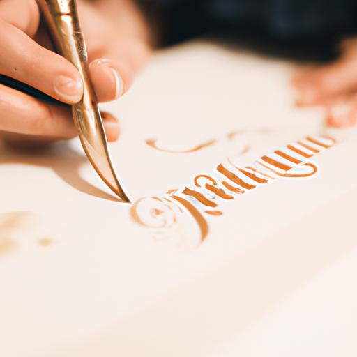 Bức ảnh chụp cận cảnh bàn tay người viết thư pháp viết thiệp mời đám cưới bằng bút lông truyền thống.