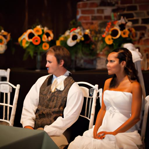 Cặp đôi tân hôn ngồi trên bàn ghế thuê tại tiệc cưới của mình