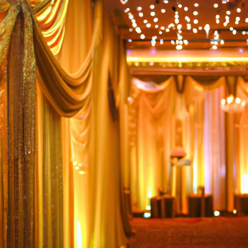 Tiệc cưới với nền rèm màu vàng đồng và ánh sáng lấp lánh làm nên bối cảnh đẹp mắt.